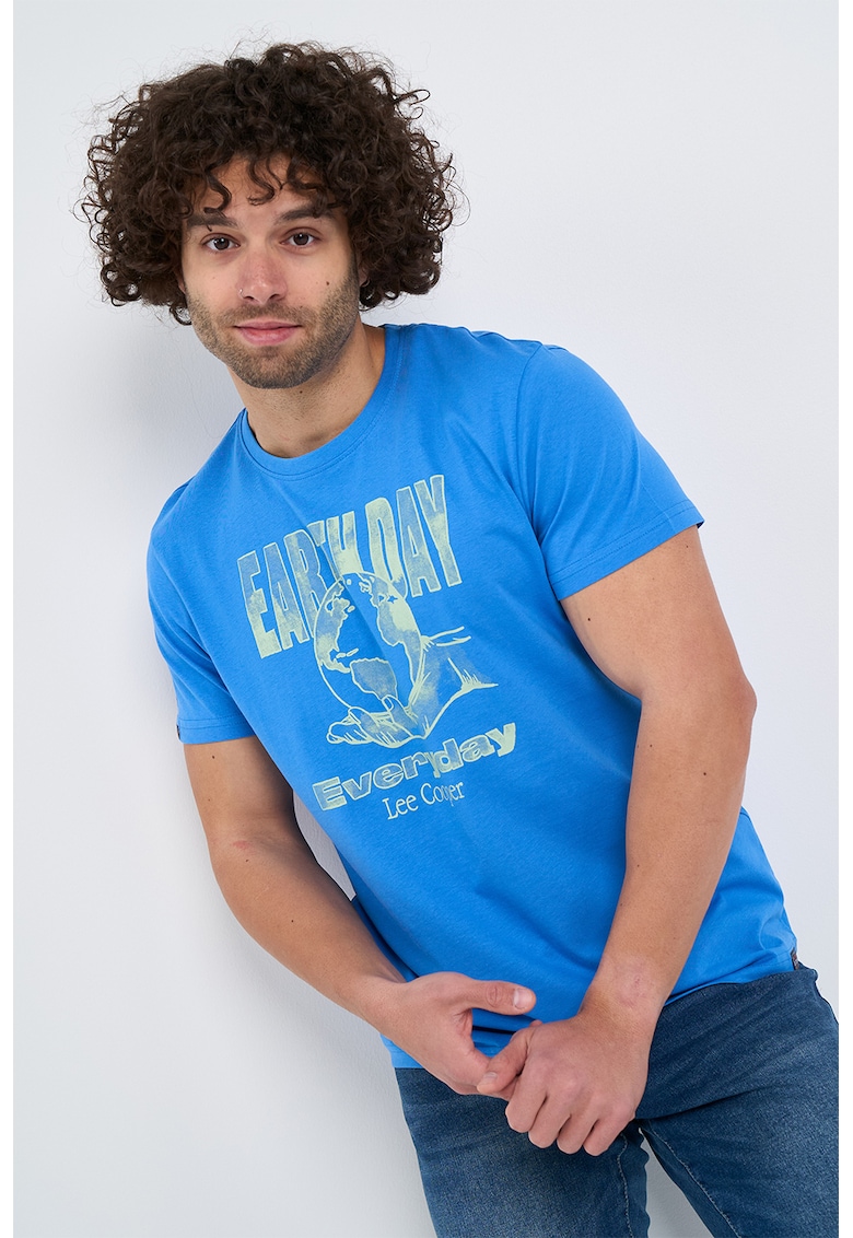 Tricou cu imprimeu si decolteu la baza gatului - Albastru royal
