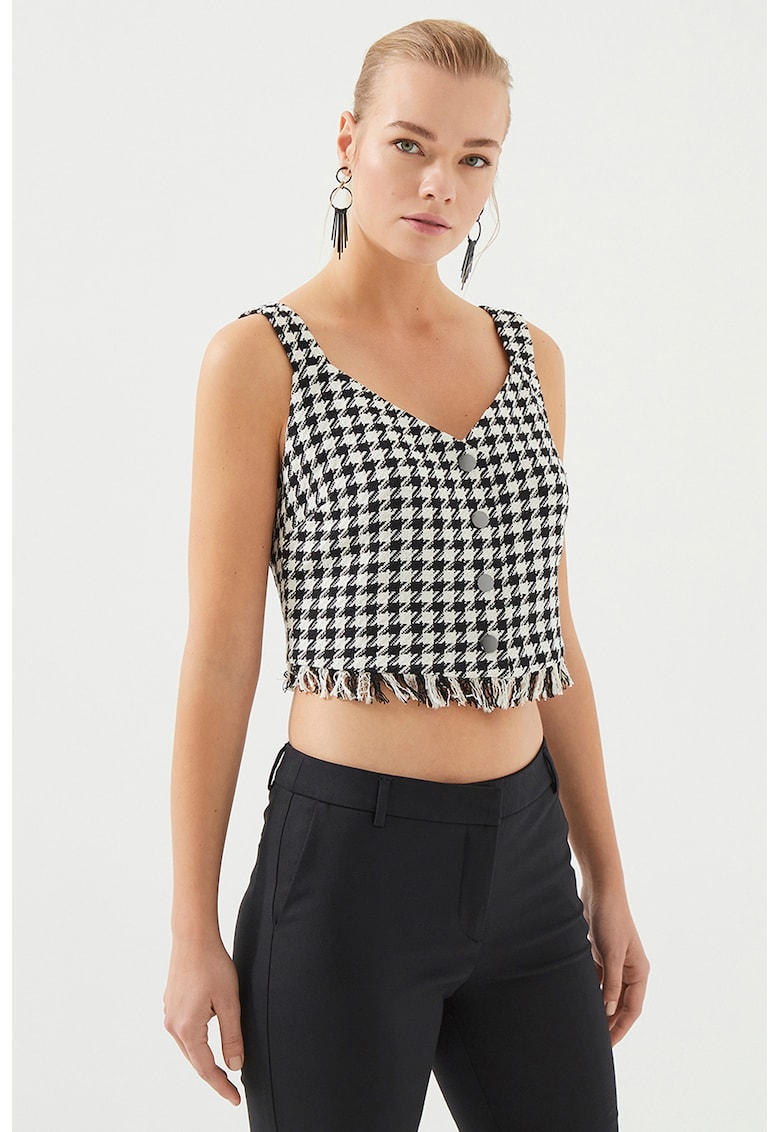 Top crop cu decolteu in V si terminatie franjurata - Negru stins/Alb murdar