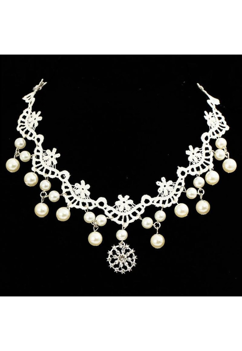 Accesoriu de frunte - argintiu - cu dantela alba si perlute - Annalise C6 -