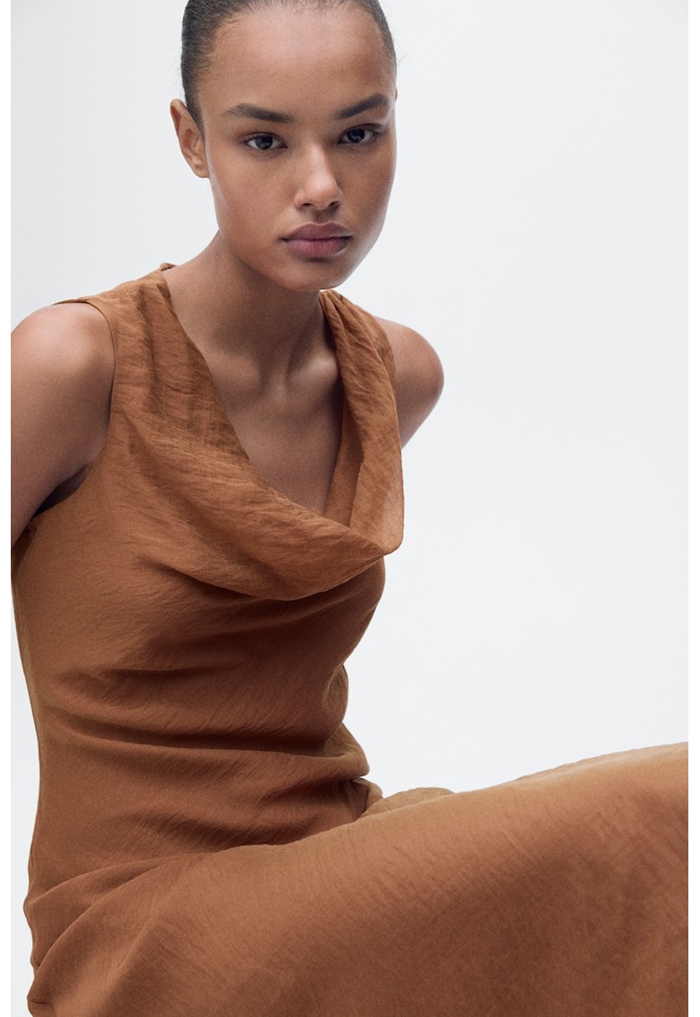 Rochie midi din amestec de lyocell cu croiala dreapta - fara maneci si decolteu drapat - Maro inchis