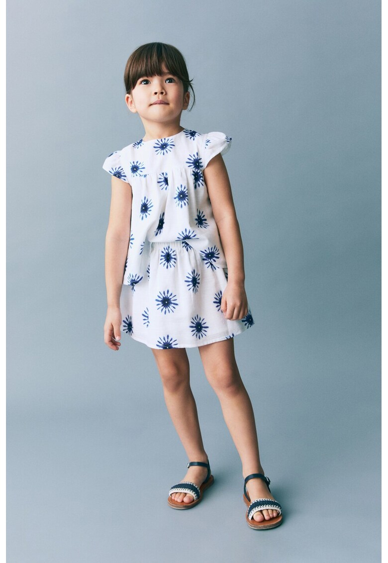 Fusta mini cu croiala in A - model floral si talie elastica - Alb/Albastru