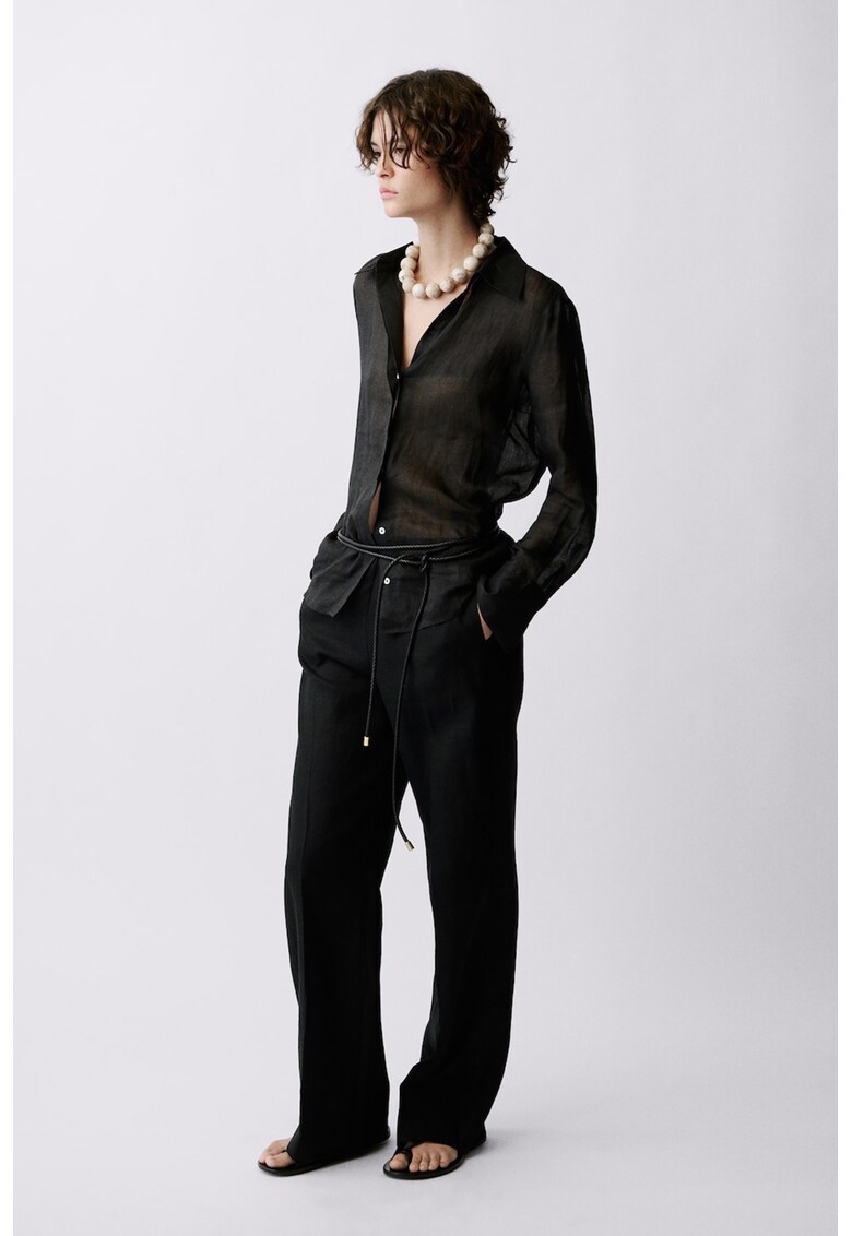Pantaloni drepti din in - Negru
