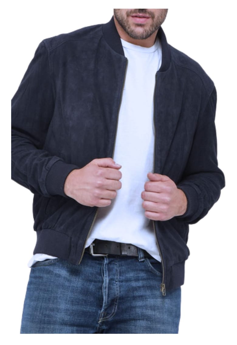 Jacheta din piele nubuck bleumarin - lungime maneca lunga - guler elegant - set de 1 buc. -