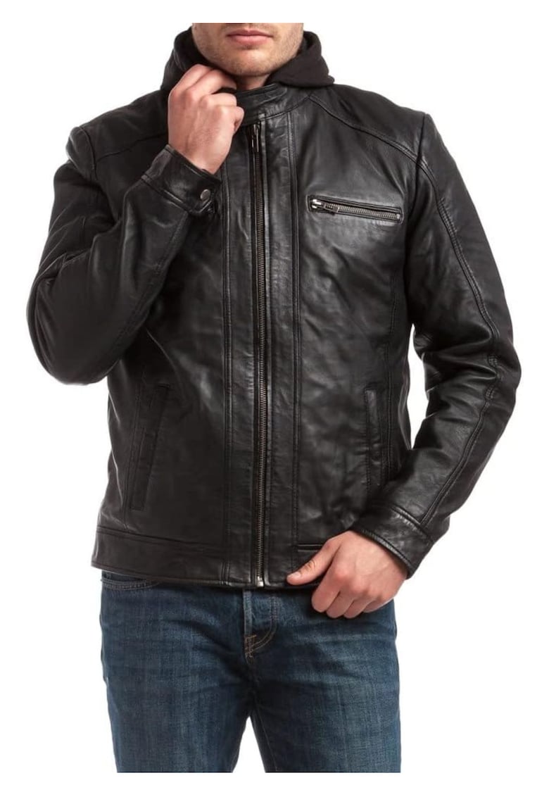 Sacou din piele Leif - negru - cu gluga detasabila - 4 buzunare - pentru barbati -
