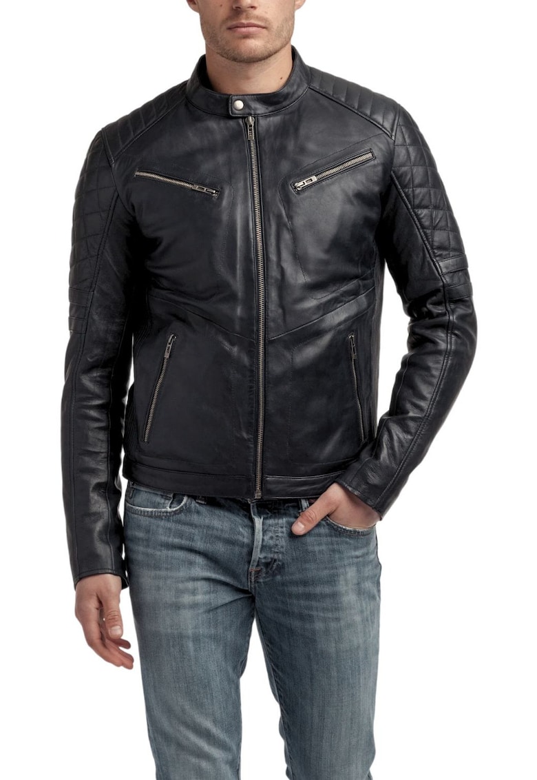 Jacheta barbati piele de oaie - negru - guler ridicat - fermoar - 4 buzunare -