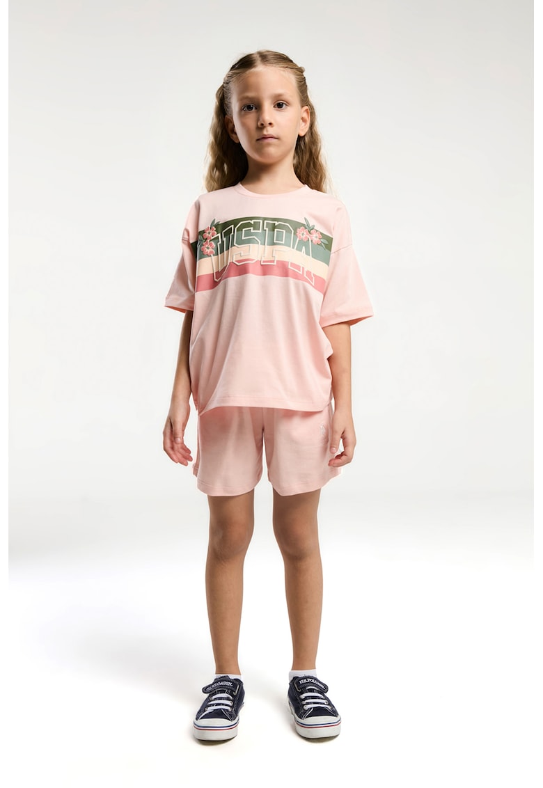 Set de tricou cu imprimeu logo si pantaloni scurti