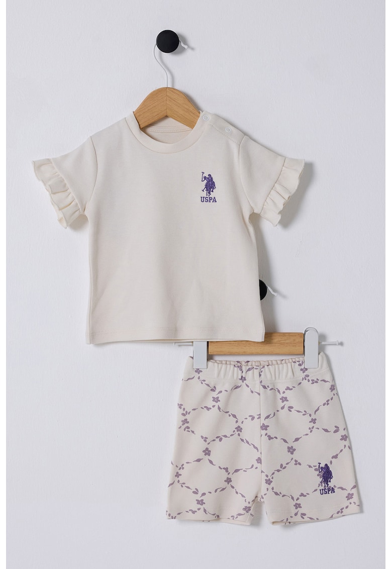 Set de tricou din bumbac cu logo si pantaloni scurti - Violet prafuit/Crem
