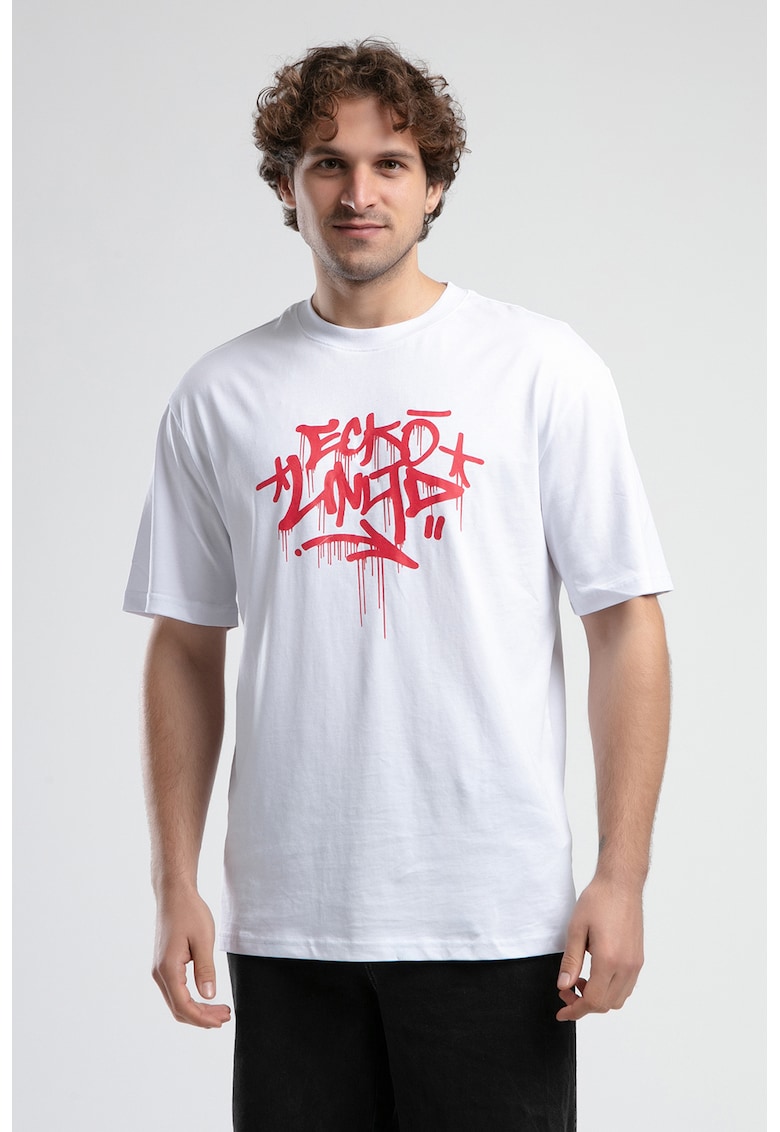 Tricou cu imprimeu logo si maneci cazute Tricou cu imprimeu logo si maneci cazute