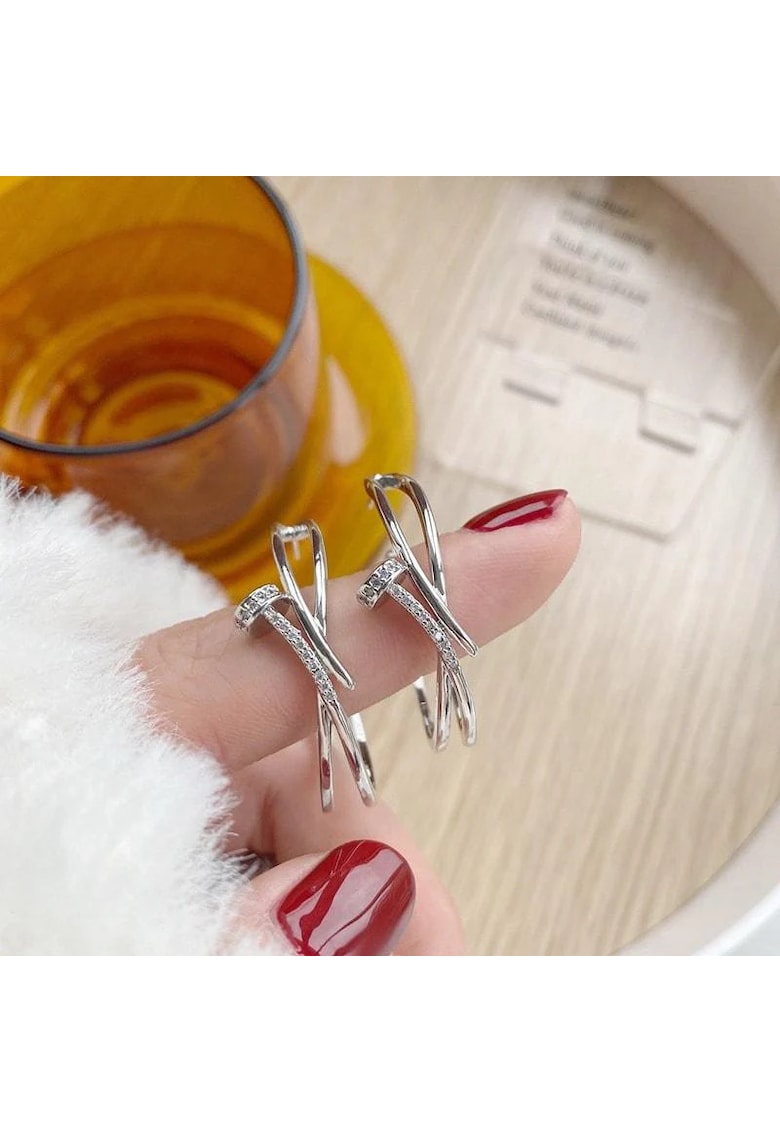 Cercei argintii - forma de cui - suflati cu aur 14k - cu pietre din zirconiu - Meike C2 -