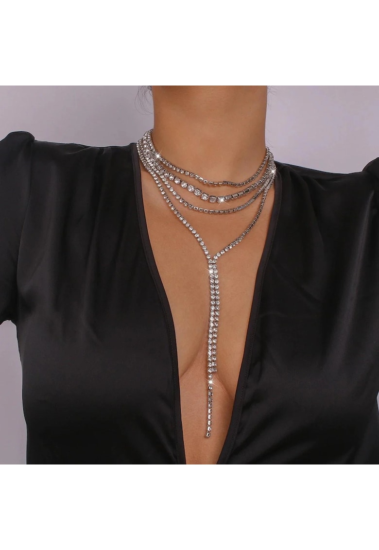 Colier argintiu - in 4 straturi - lung - cu pietre - Helfrida C4