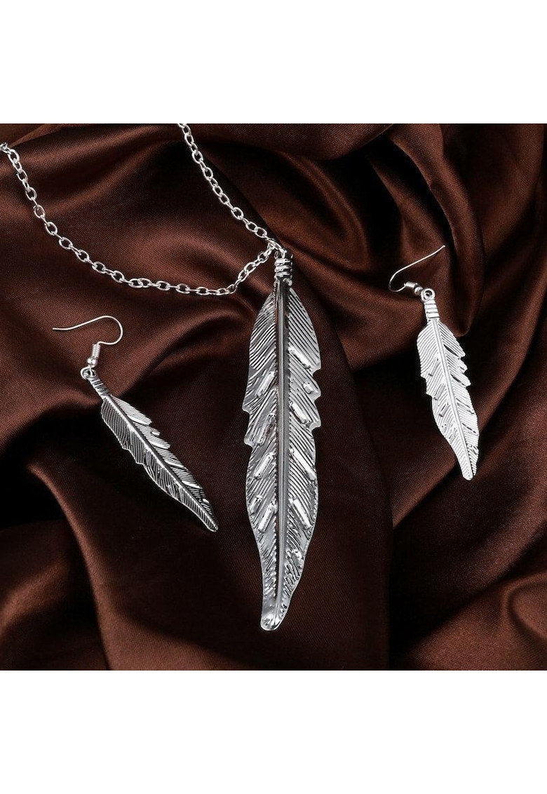 Set colier si cercei - argintiu - forma de pene - Karla C13 -