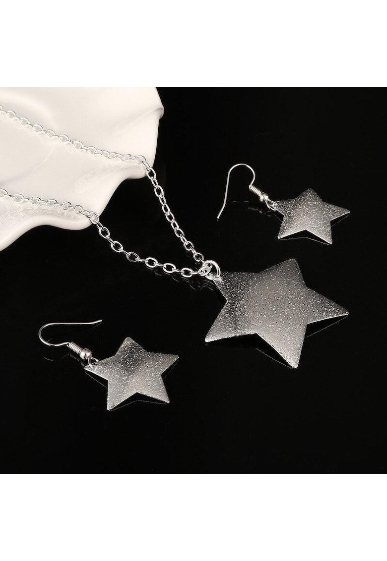 Set colier si cercei - argintiu - cu stelute - Jolie C12 -