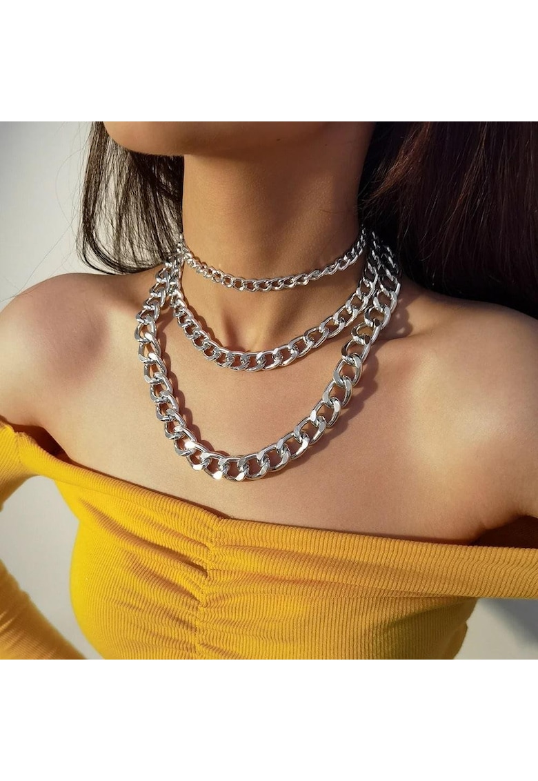 Set 3 coliere argintii - in 3 straturi - cu zale - Moa C1 -