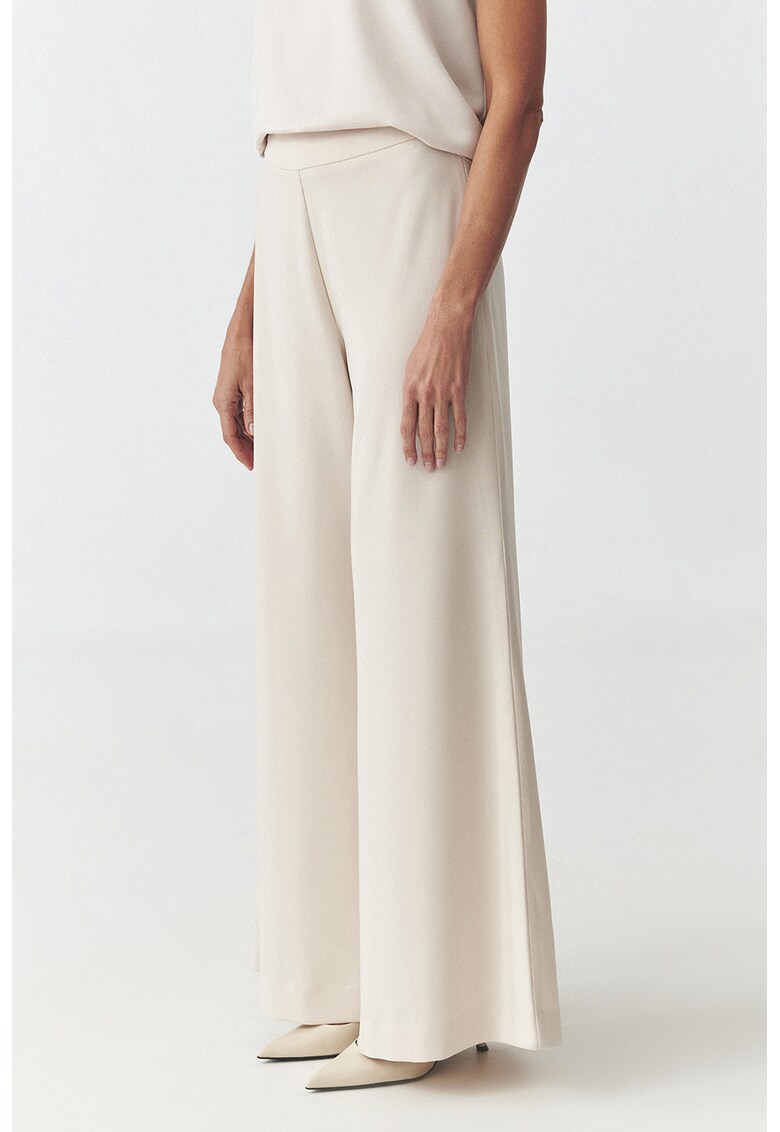 Pantaloni cu croiala ampla si talie inalta - Alb fildes