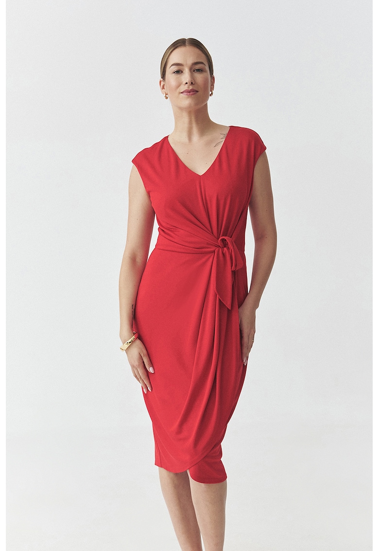 Rochie petrecut din amestec de modal cu decolteu in V - Rosu vermillion