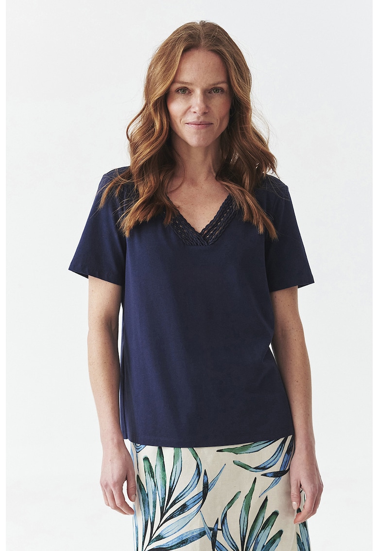 Tricou din amestec de modal cu decolteu in V - Bleumarin