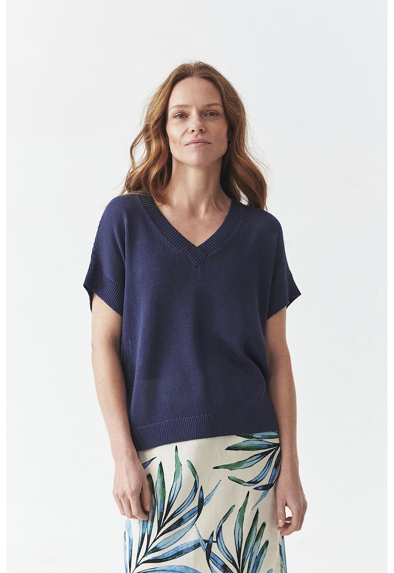 Pulover din amestec de lyocell si in - cu decolteu in V si maneci scurte