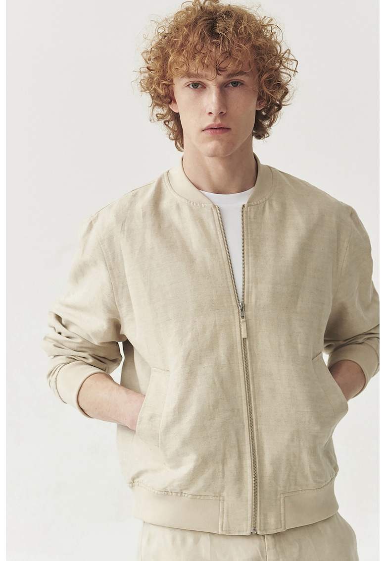 Jacheta din amestec de in cu fermoar si buzunare laterale - Bej deschis