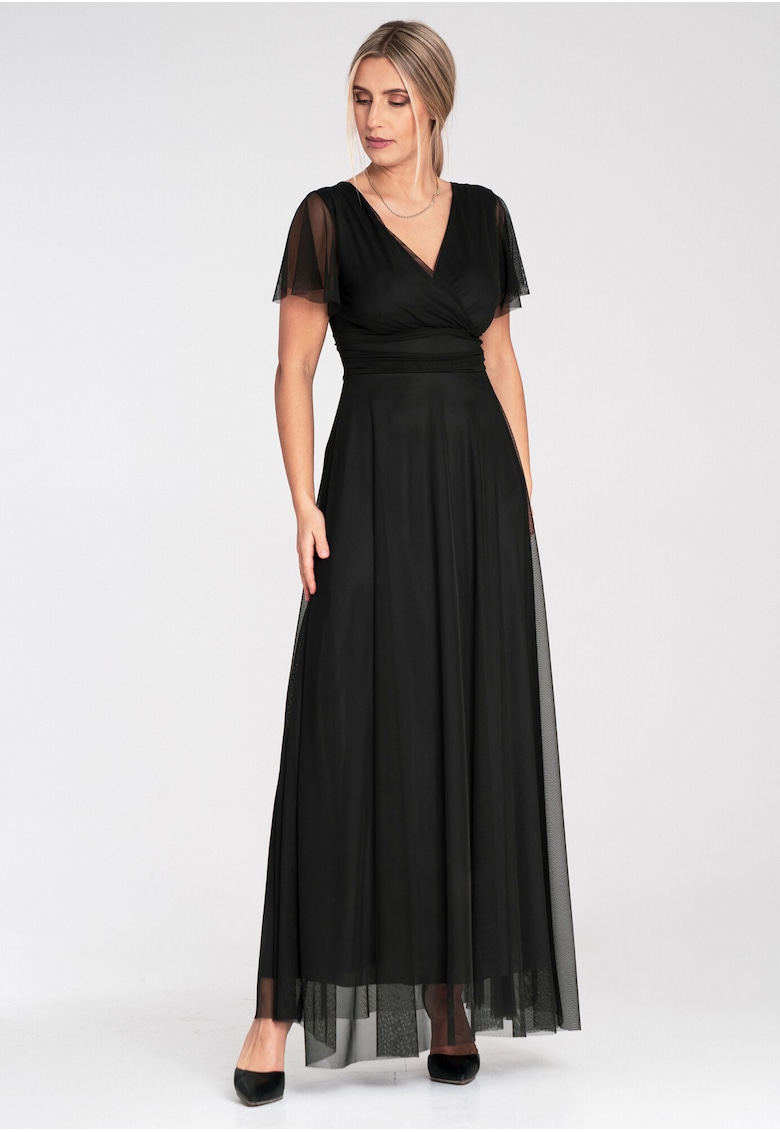 Rochie maxi -  neagra - plasa - eleganta - cu maneci scurte - croiala petrecuta -
