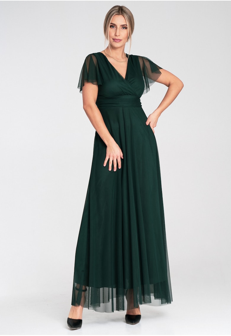 Rochie maxi  verde - plasa - cu maneci scurte - decolteu plic - pentru femei -