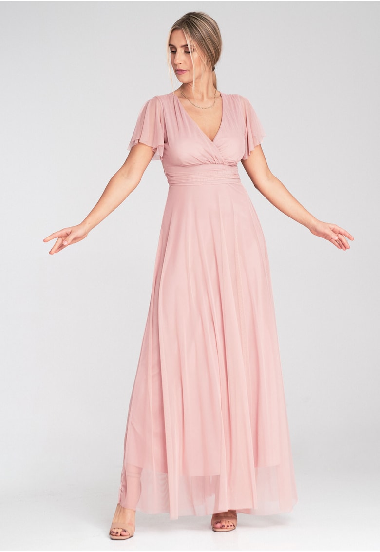 Rochie midi  roz - plasa - maneci scurte - decolteu plic - pentru femei -