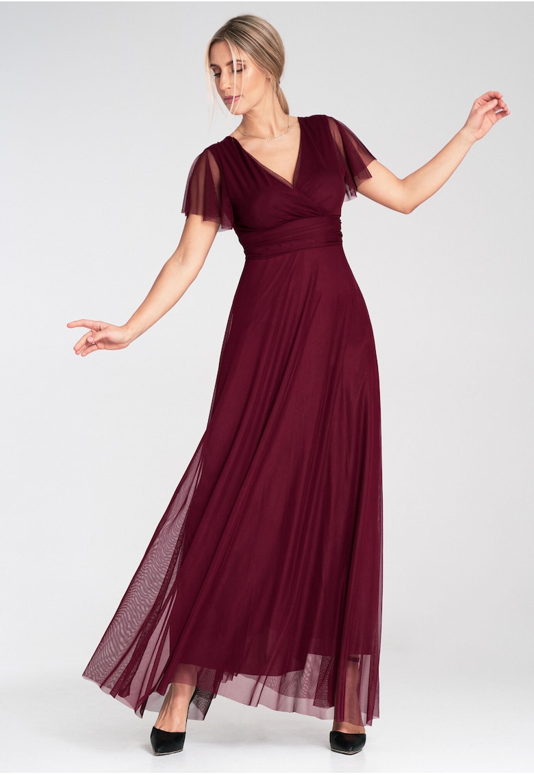 Rochie maxi  burgundy - maneci scurte - decolteu adanc - material elastic -