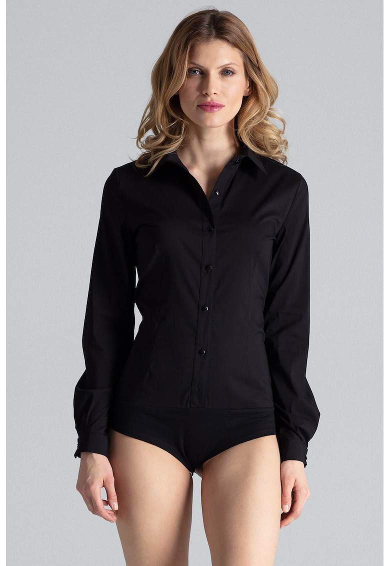 Body de dama - negru - bumbac - regular fit - cu guler