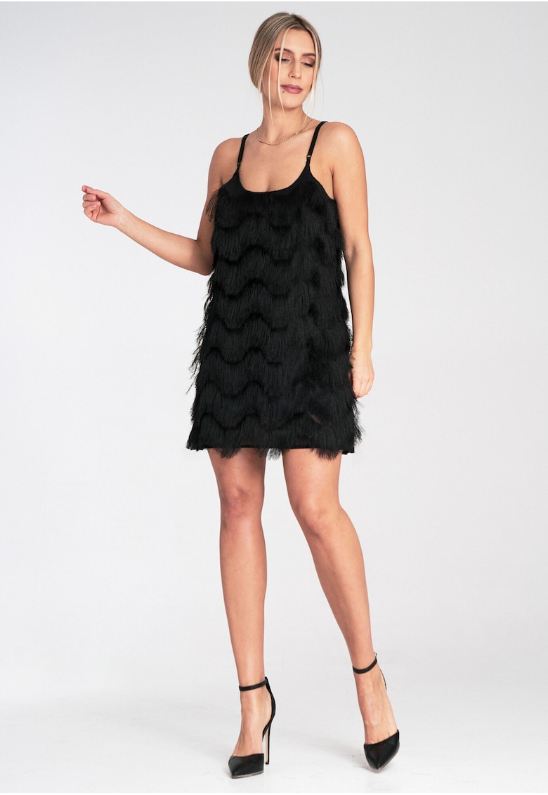 Rochie cu franjuri - neagra - eleganta - fara maneci - din poliester -