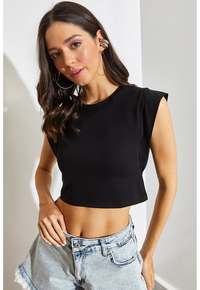Tricou crop cu model uni - Negru