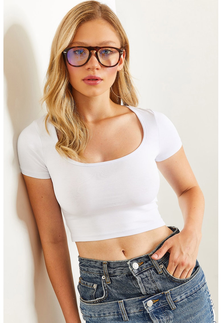Tricou crop cu decolteu rotund - Alb optic