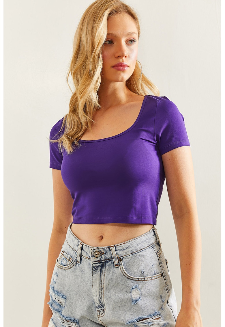 Tricou crop cu decolteu rotund - Violet