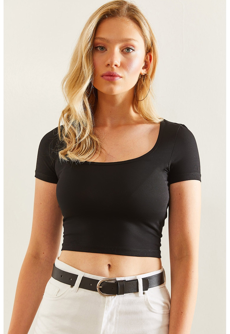 Tricou crop cu decolteu rotund - Negru