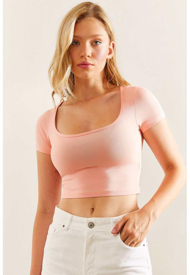 Tricou crop cu decolteu rotund - Piersica