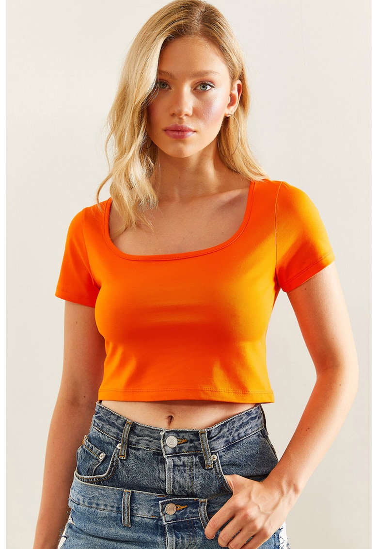 Tricou crop cu decolteu rotund - Portocaliu