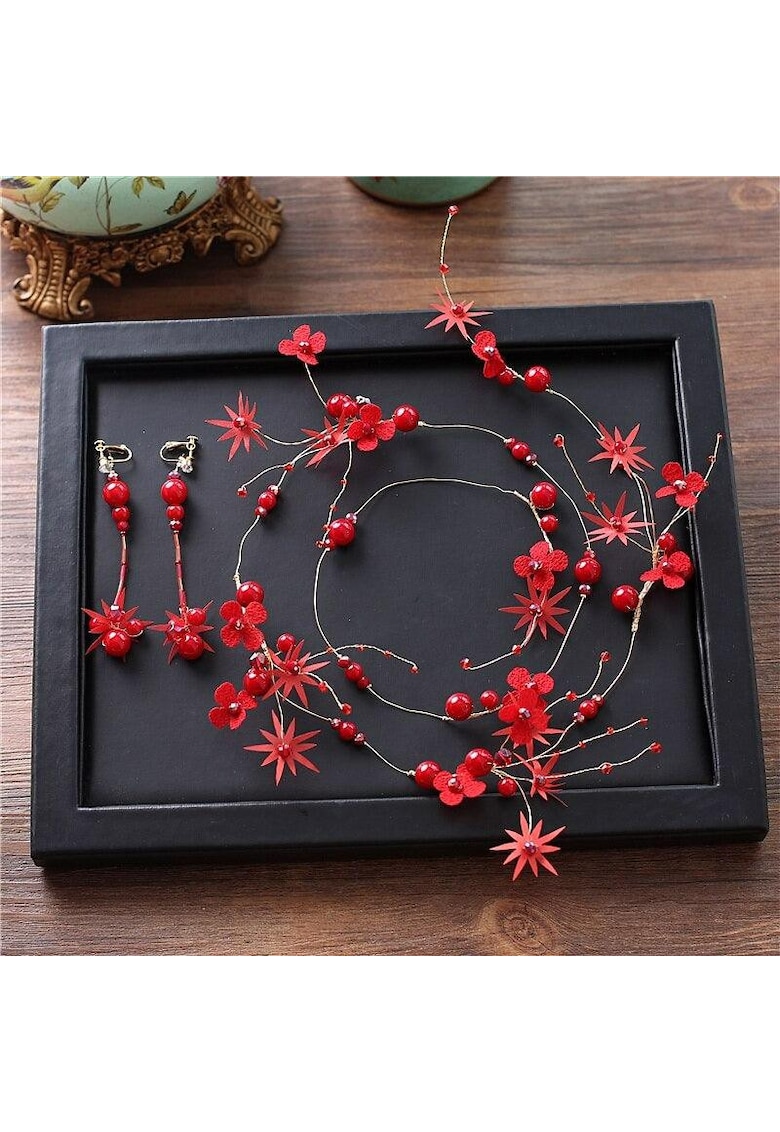 Set accesoriu par modelator si cercei - auriu - cu floricele si margelute rosii - Kyle C4