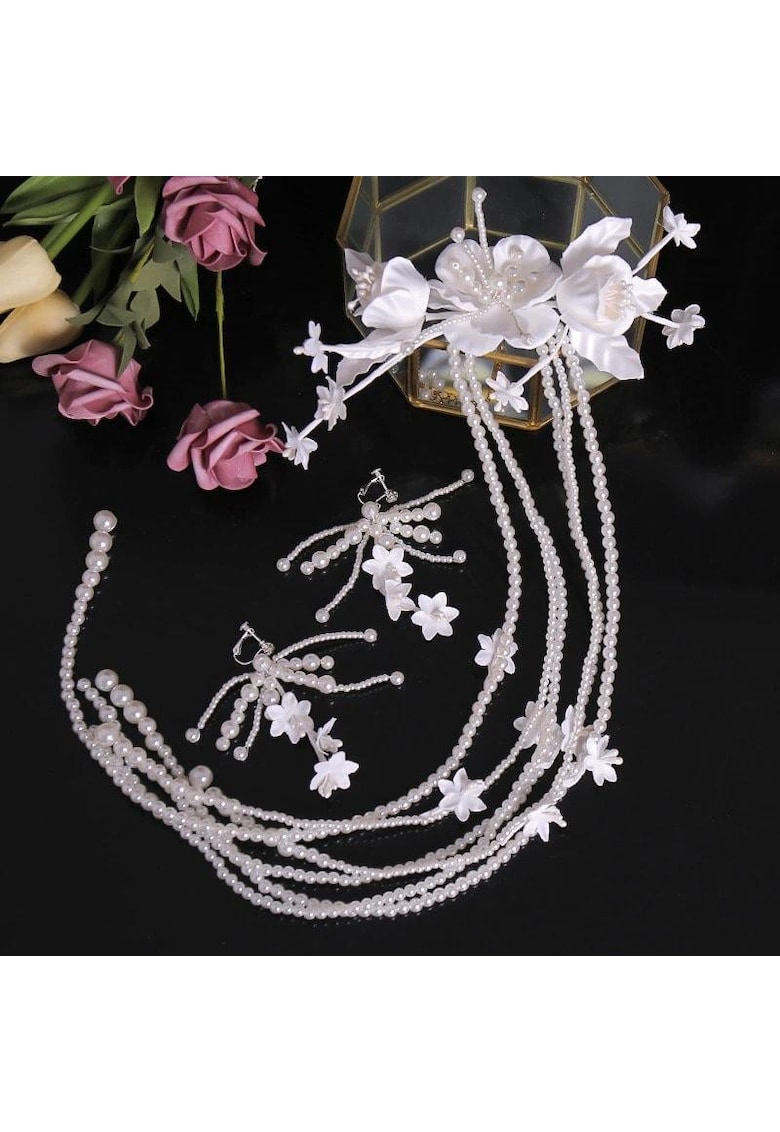 Set accesoriu de par si cercei - alb - cu flori si perle - Darly C16 -