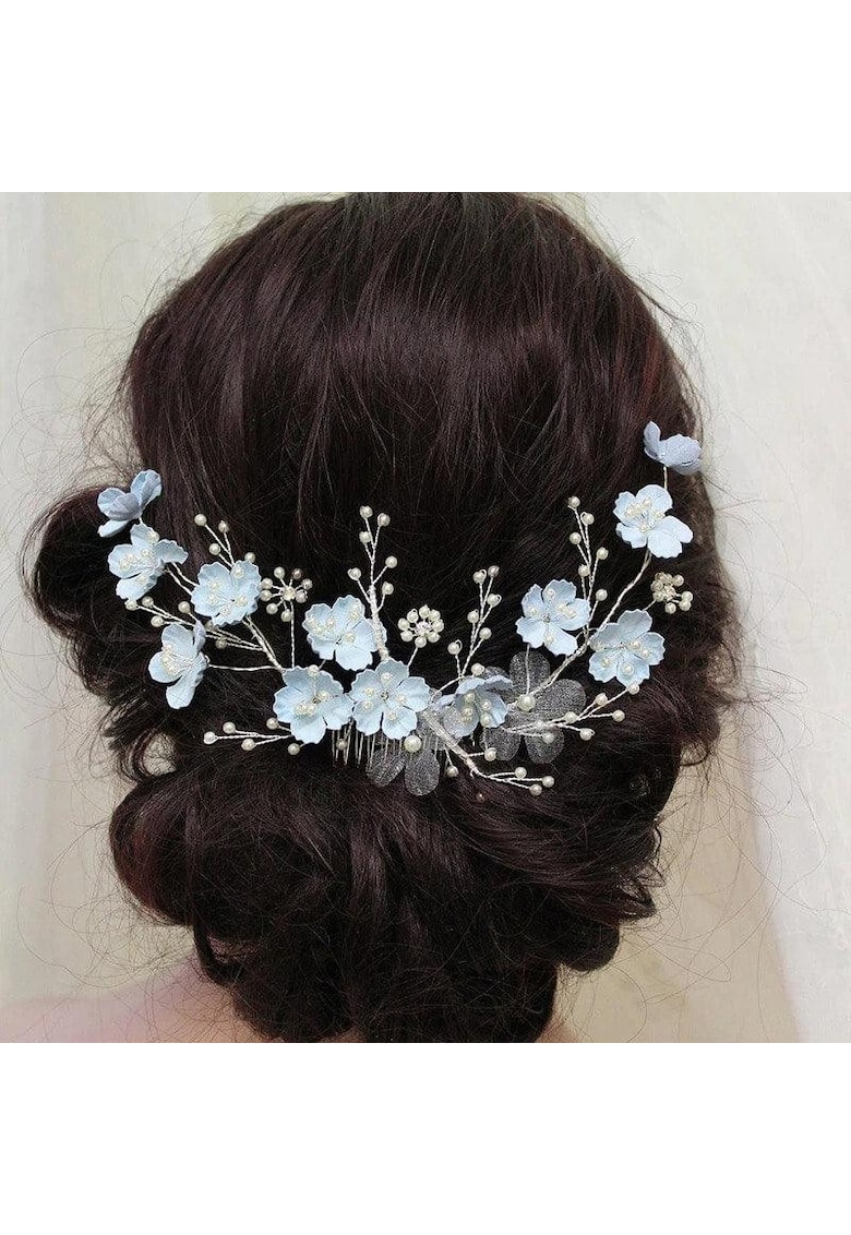 Accesoriu de par - argintiu - cu floricele bleu si perle - Thia C11 -