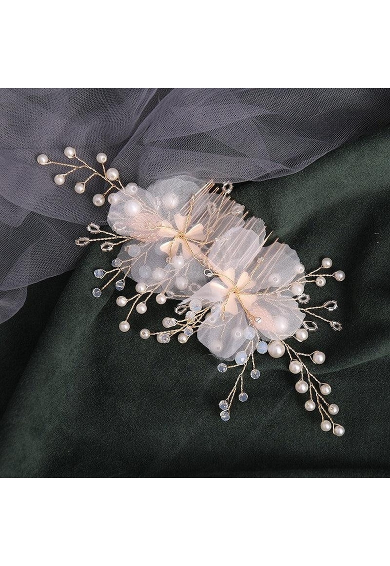 Accesoriu de par - auriu - cu flori albe si perlute - Embla C15 -