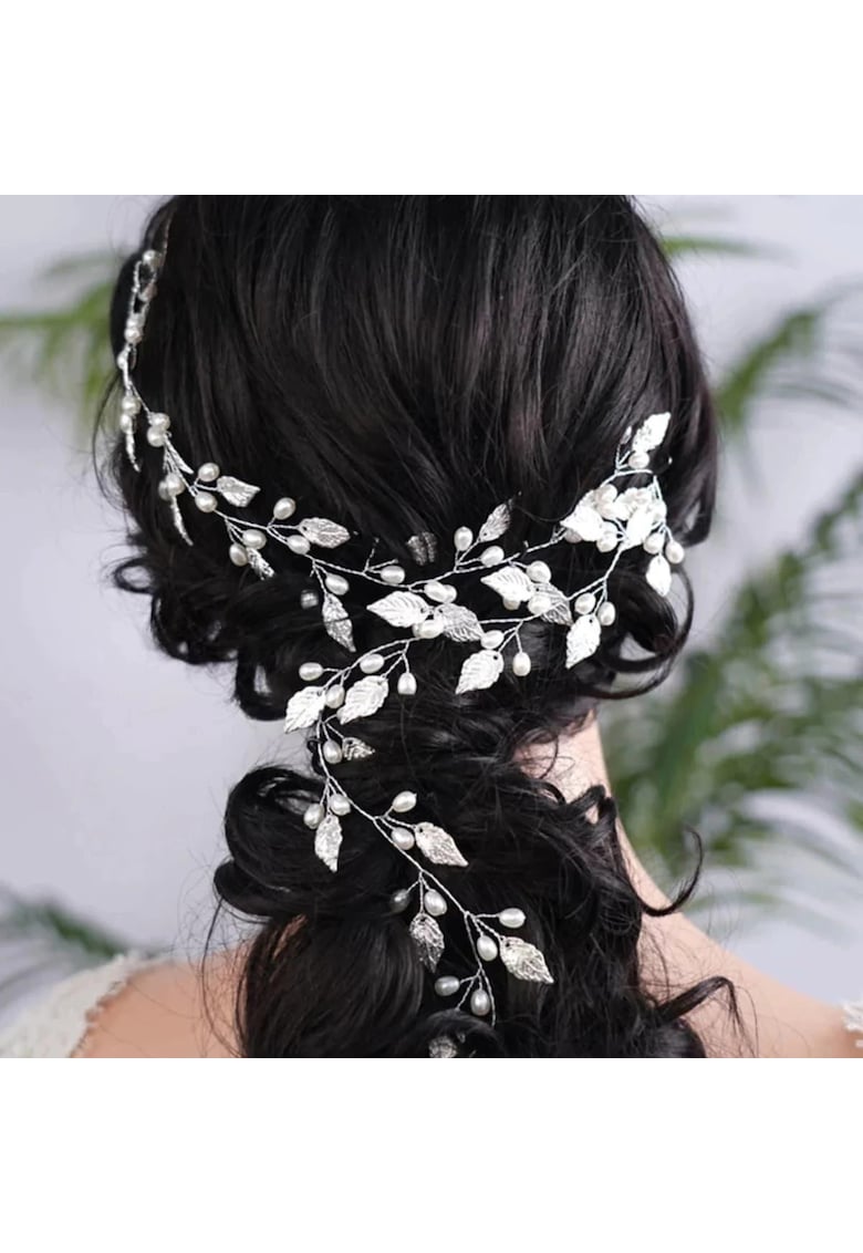 Accesoriu de par - argintiu - lung - cu frunzulite si perle - Hector C8