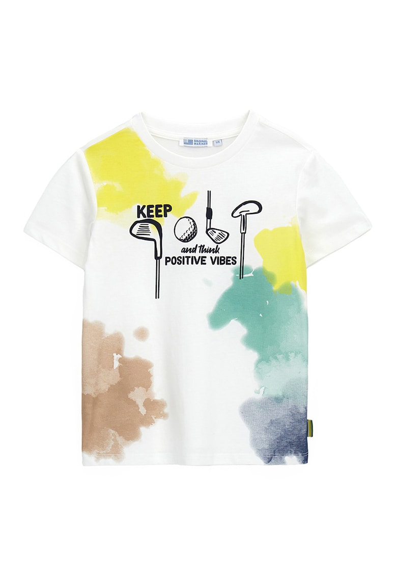 Tricou cu decolteu la baza gatului si imprimeu - Galben pal/Maro deschis/Alb optic