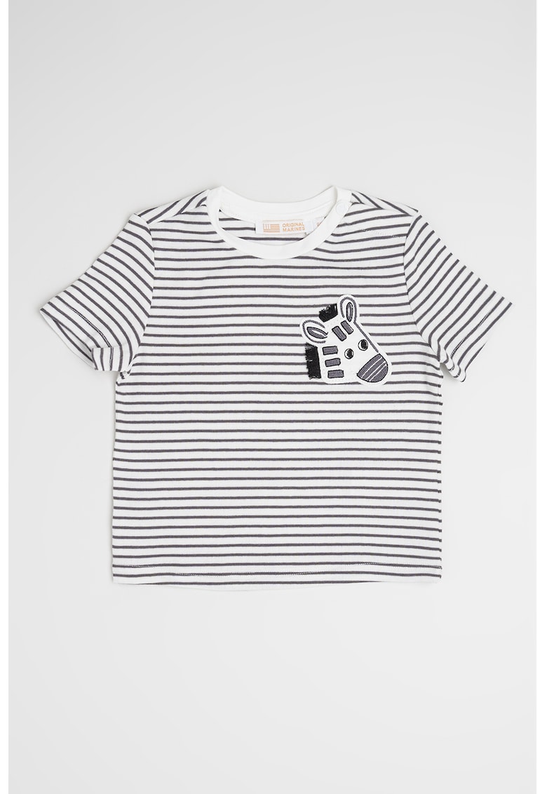 Tricou cu fenta cu capsa si model in dungi - Alb/Gri inchis