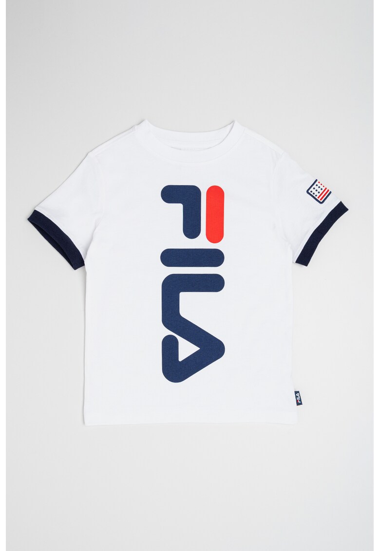 Tricou din bumbac cu imprimeu text si decolteu la baza gatului