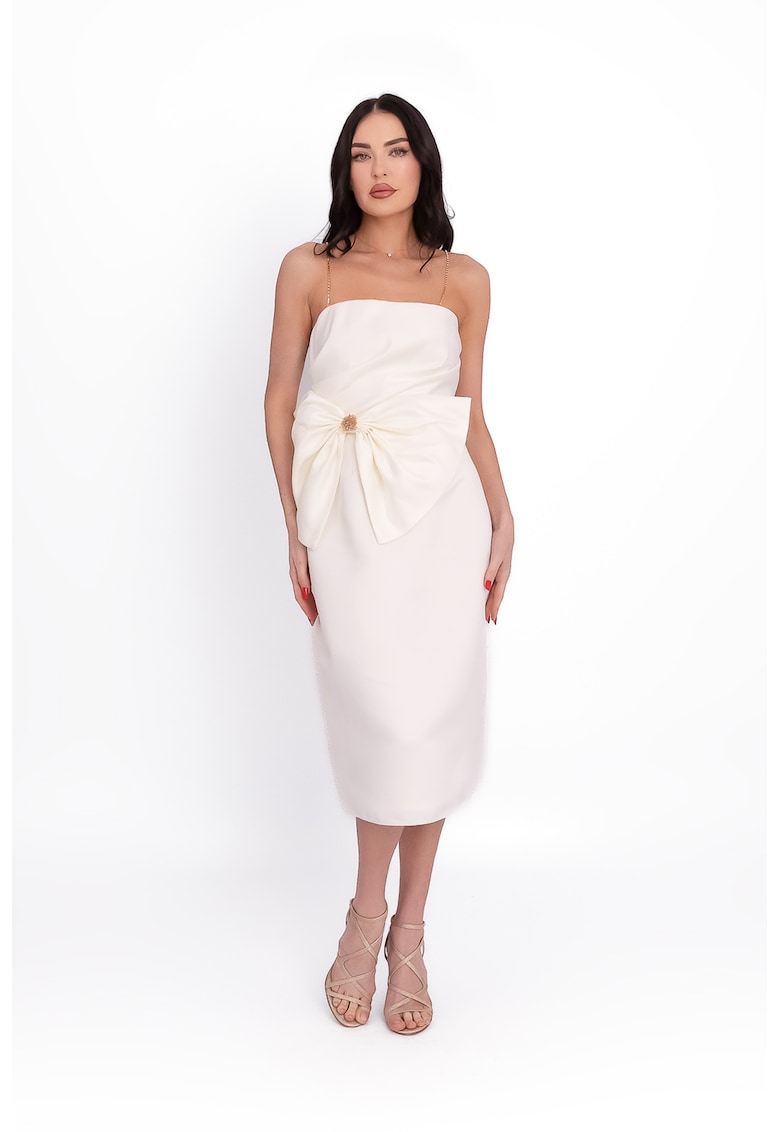 Rochie midi de satin cu aplicatie florala si barete de lant