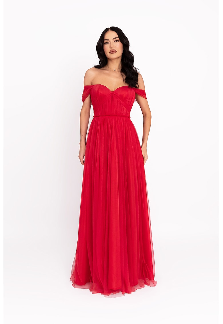 Rochie cu tul si decolteu pe umar - Rosu
