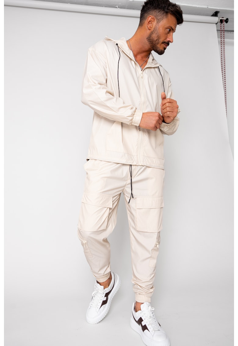 Set Windbreaker Jacheta cu fermoar si pantalon lung din fas Cream 15677