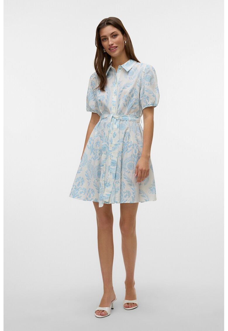 Rochie-camasa de bumbac organic cu cordon - Albastru lavanda/Alb murdar