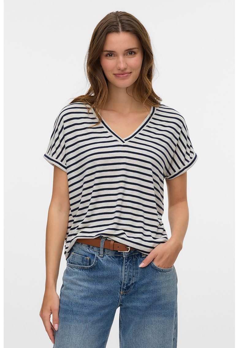 Tricou cu decolteu in V - Alb/Bleumarin