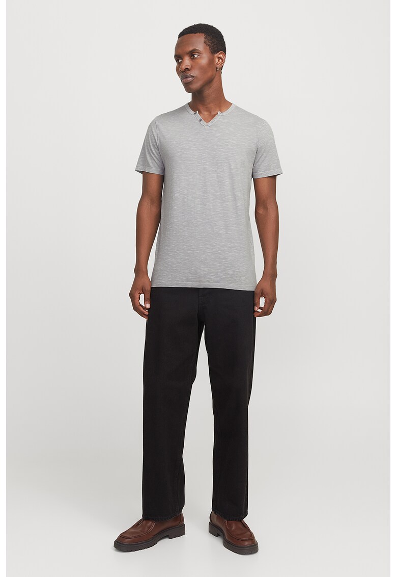 Tricou slim fit cu decolteu Henley Slipt - Gri melange