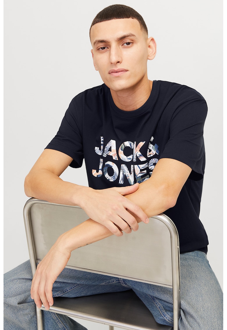 Tricou cu imprimeu logo Essentials - Alb/Albastru ultramarin/Piersica