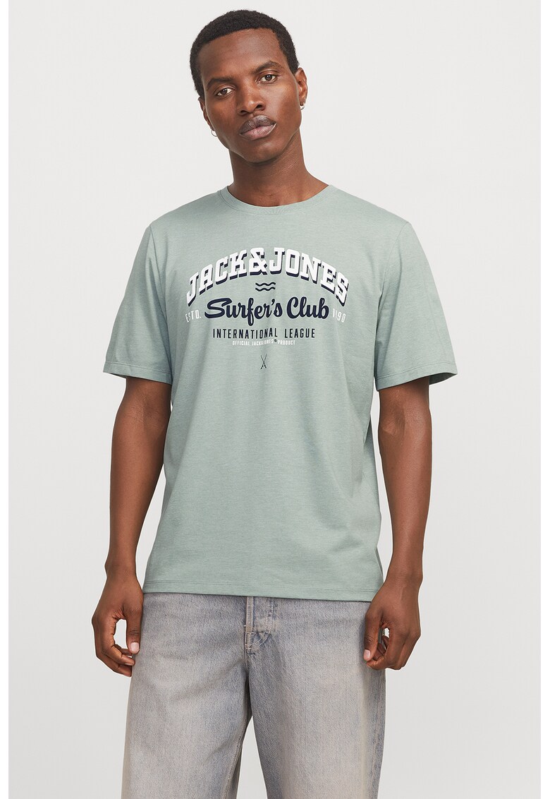 Tricou de bumbac organic cu imprimeu logo - Alb/Verde pal/Bleumarin